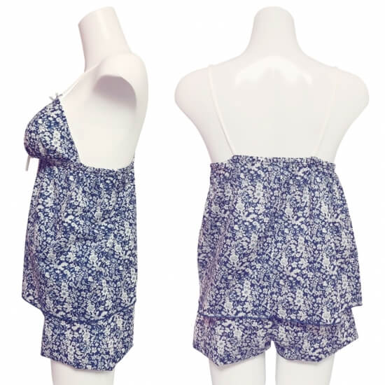 リラックスブラキャミソールとリラックスショーツ･ショートパンツのセット[紺色花柄＊乙女椿キャミ＆桜紐パン･ショートパンツ]|はごろもランジェリー